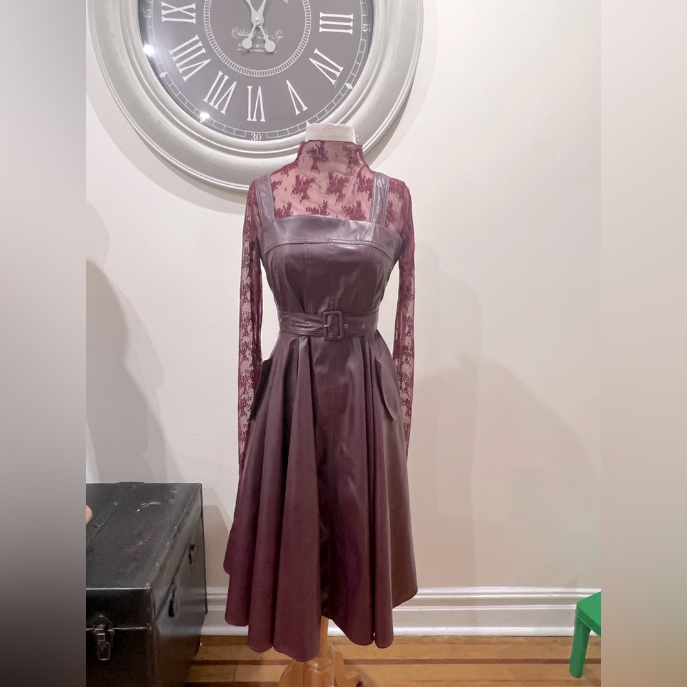 Faux leather burgundy belted swing dress
